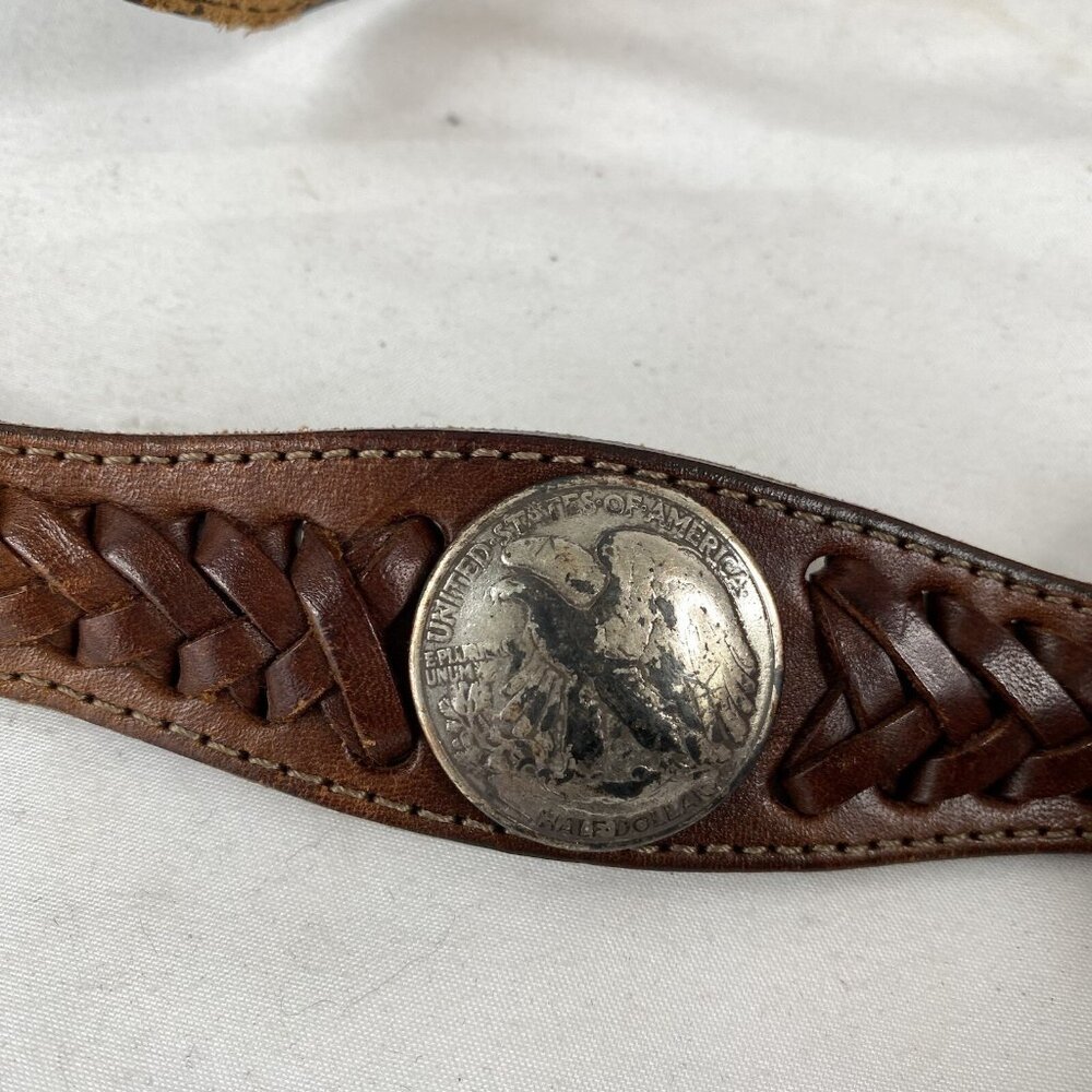 Indiana Metal Leather Belt Brown Silver Domed Walking Liberty Coins Concho - Picture 5 of 16